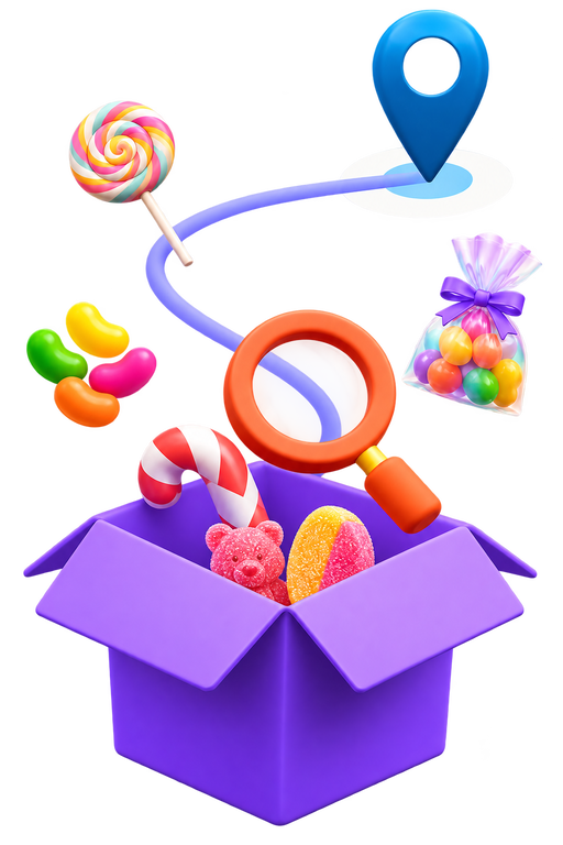 A purple parcel of candy with a magnifying glass and a map pin above it
